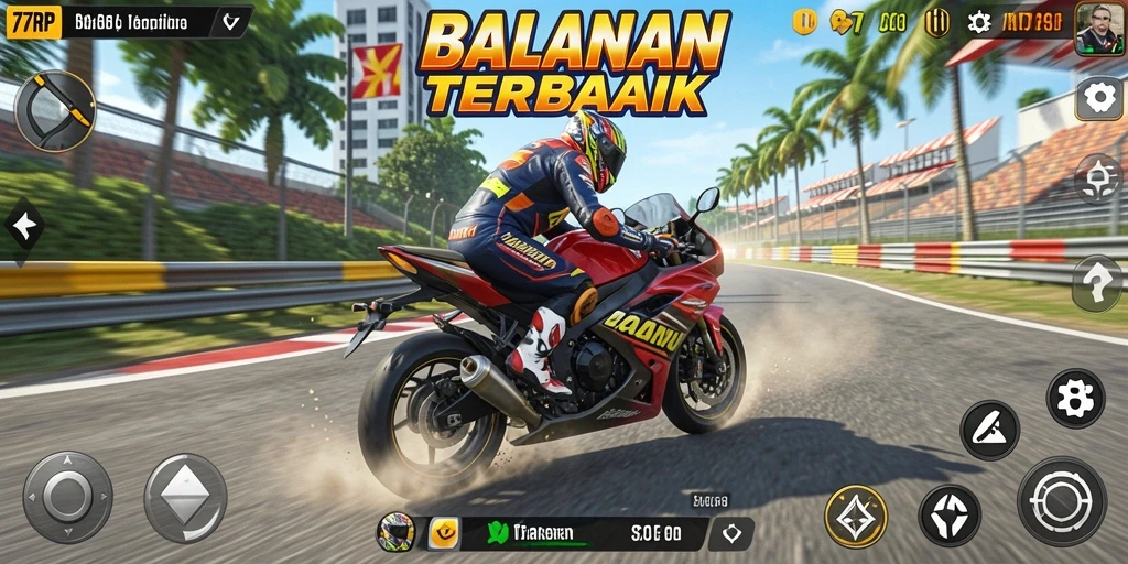 Screenshot 77RP menampilkan aksi balapan motor yang mendebarkan.