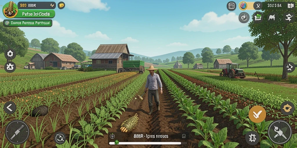Tampilan gameplay <strong>888R</strong> dengan suasana pertanian yang indah.