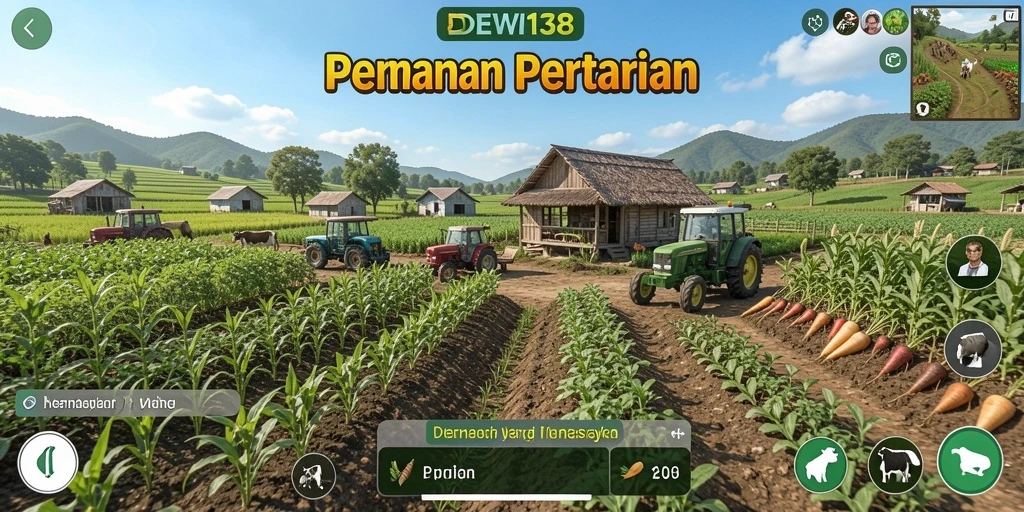 Tampilan gameplay DEWI138 memperlihatkan aktivitas bercocok tanam yang seru.