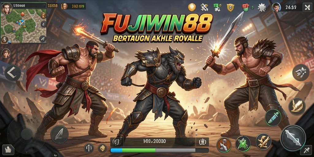 Tangkapan layar utama FUJIWIN88 menampilkan pertempuran seru di medan perang Battle Royale.
