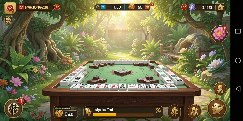 Tampilan kebun indah di dalam <strong>MAHJONG288</strong>, menampilkan tanaman subur dan aktifitas bercocok tanam.