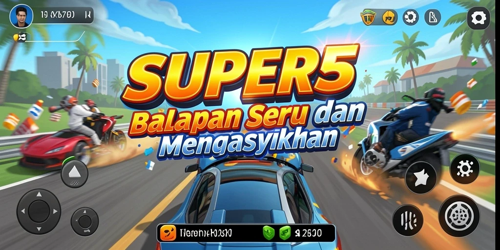 Tampilan gameplay SUPER5 dengan aksi balapan yang mengasyikkan.