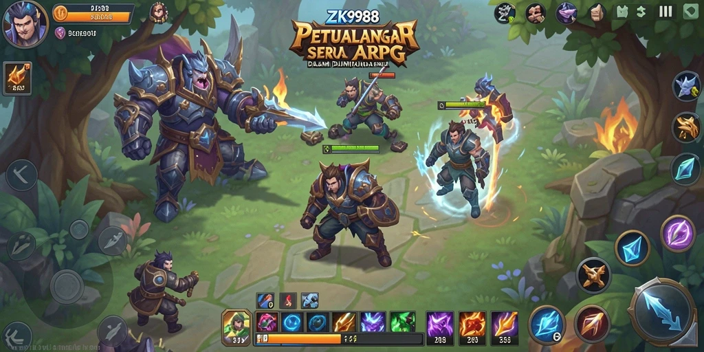 Tangkapan layar gameplay ZK988 menampilkan pertarungan seru di dunia fantasi.